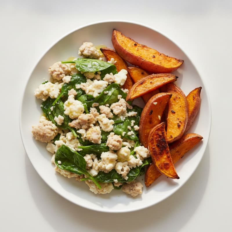 Egg White and Turkey Sausage Scramble with Spinach and Roasted Sweet Potato
