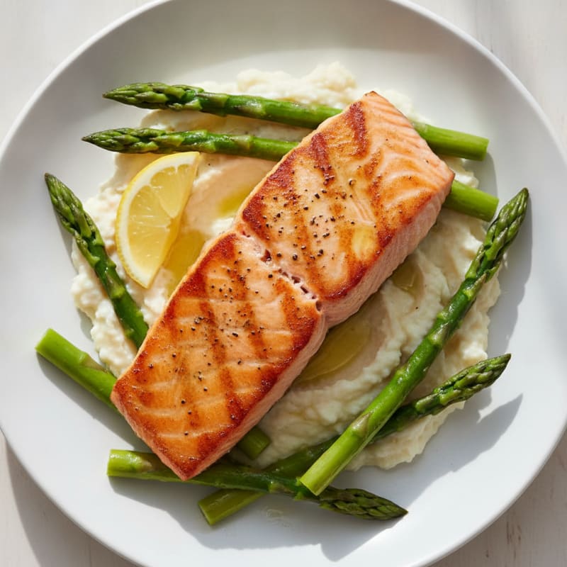 Seared Salmon Fillet with Steamed Asparagus and Cauliflower Mash