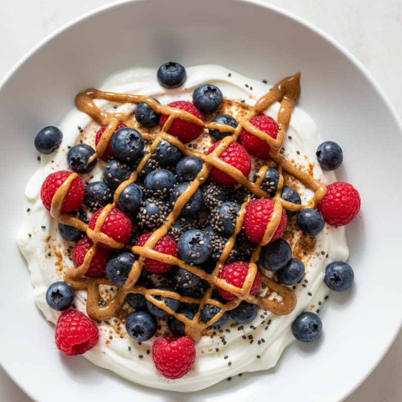 Greek Yogurt Bowl with Almond Butter, Chia Seeds and Fresh Berries