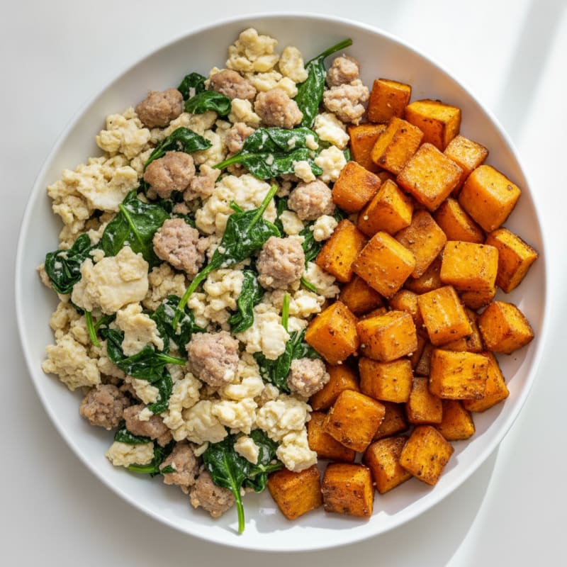 Egg White and Turkey Sausage Scramble with Spinach and Roasted Sweet Potatoes