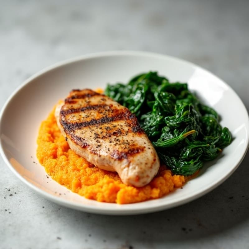 Seared Turkey Breast with Sautéed Spinach and Sweet Potato Mash