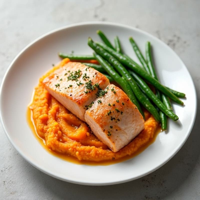 Seared Salmon with Steamed Green Beans and Sweet Potato Mash
