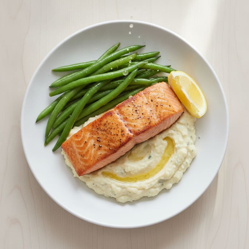 Seared Salmon with Steamed Green Beans and Garlic Mashed Cauliflower