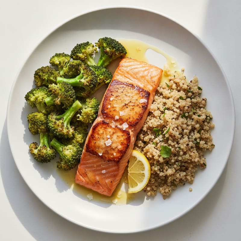 Seared Salmon with Roasted Broccoli and Quinoa