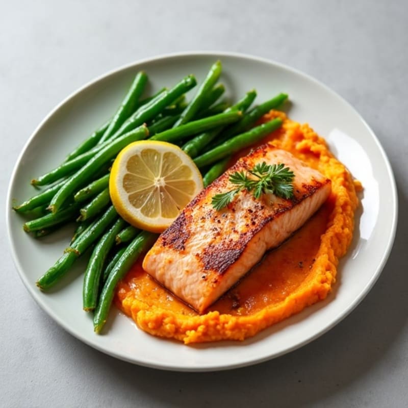 Seared Salmon Fillet with Steamed Green Beans and Sweet Potato Mash