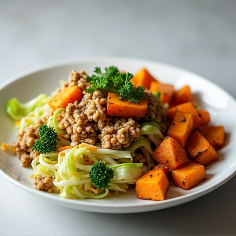 Ginger-Sesame Turkey and Cabbage Stir-Fry with Roasted Sweet Potatoes