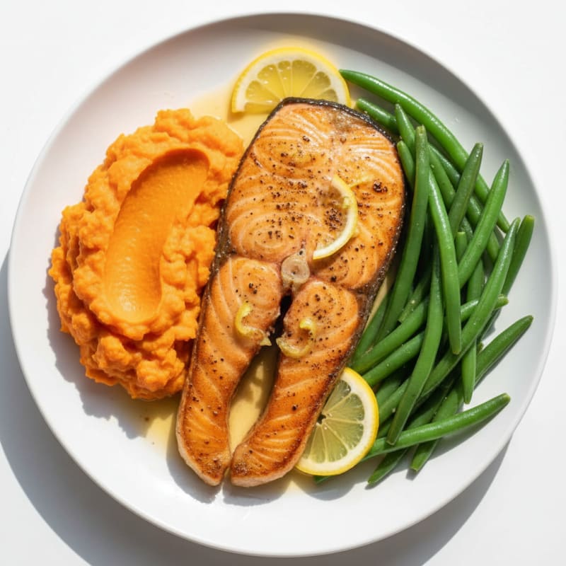 Seared Salmon with Steamed Green Beans and Mashed Sweet Potato