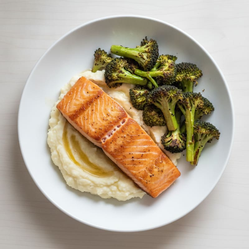 Seared Salmon Fillet with Roasted Broccoli and Garlic Mashed Cauliflower