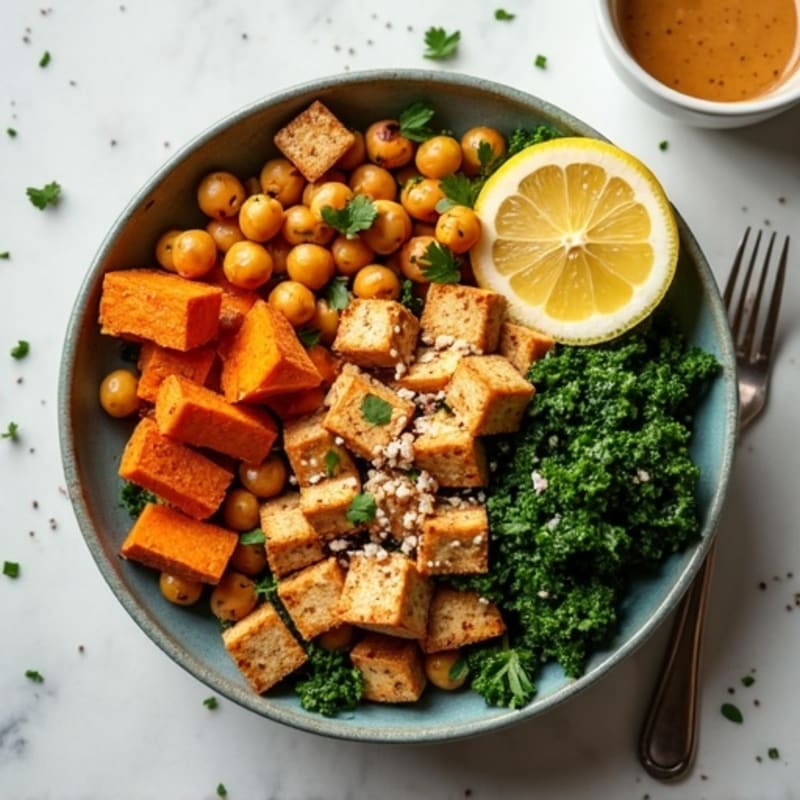Crispy Chickpea and Roasted Sweet Potato Bowl with Creamy Lemon Tahini