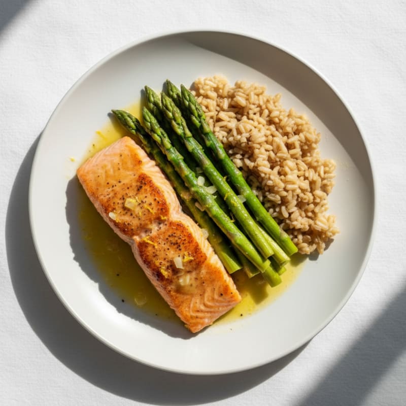 Seared Salmon with Lemon Garlic Asparagus and Brown Rice