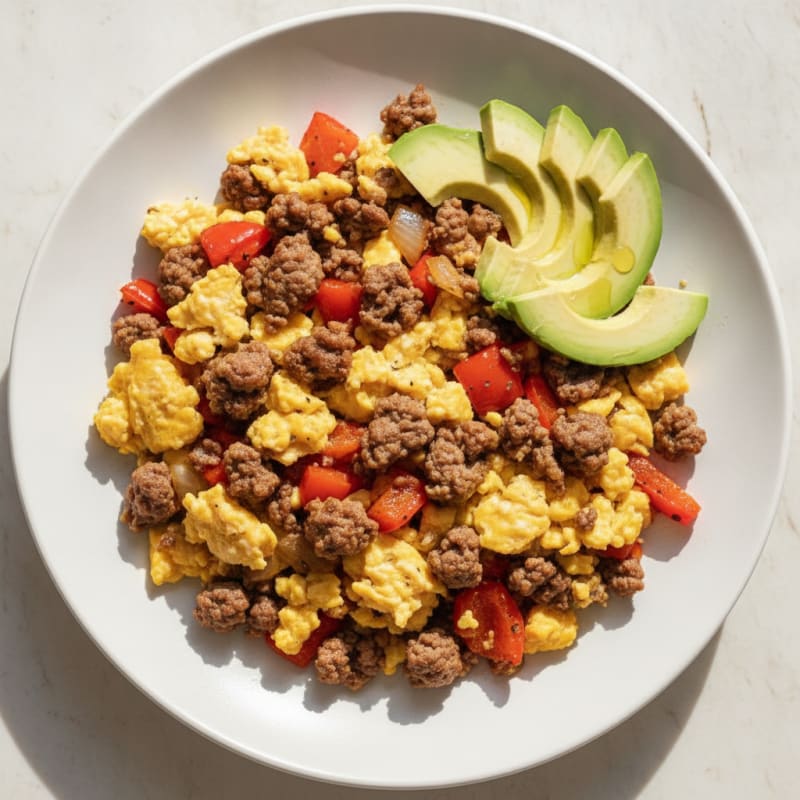 Scrambled Eggs with Ground Beef and Roasted Peppers