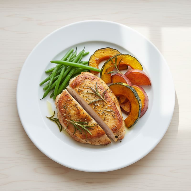 Herb-Roasted Chicken Breast with Roasted Kabocha Squash and Sweet Potato