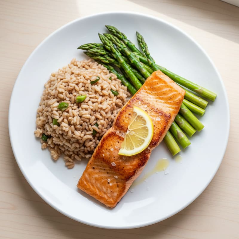 Seared Salmon Fillet with Steamed Asparagus and Brown Rice