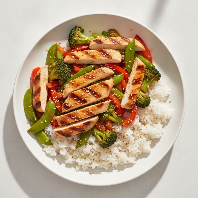 Grilled Chicken Vegetable Stir Fry with Jasmine Rice