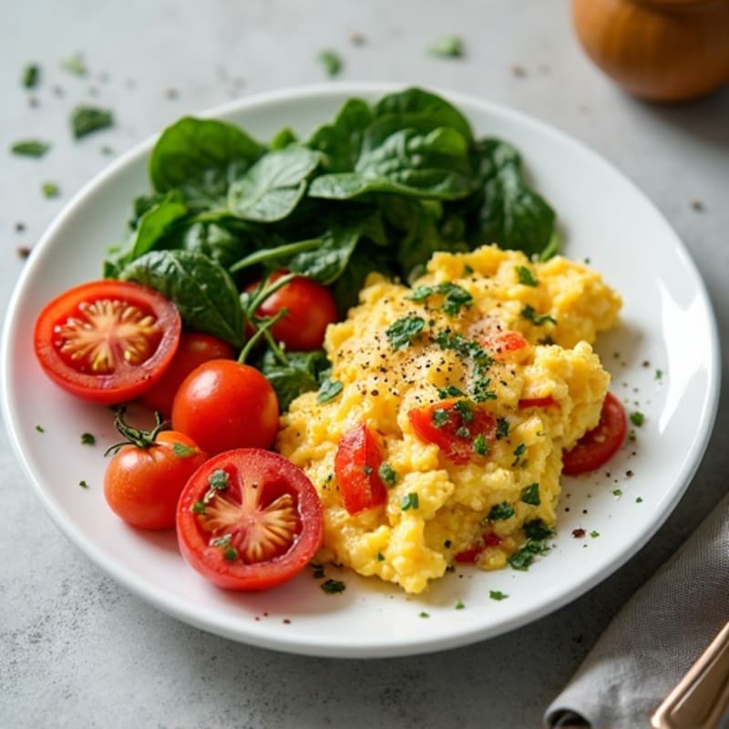Egg White Vegetable Scramble with Cottage Cheese and Sautéed Spinach