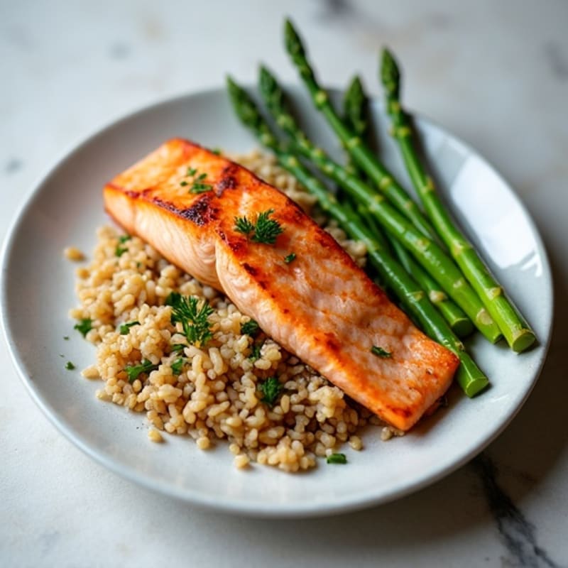 Seared Salmon Fillet with Steamed Asparagus and Brown Rice