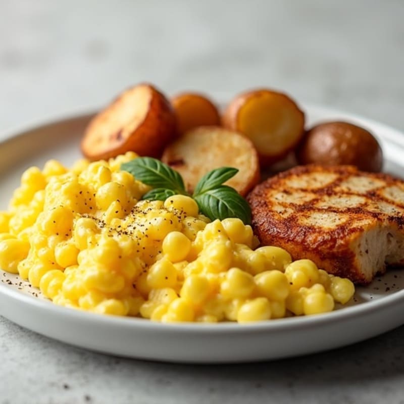Scrambled Eggs with Grilled Chicken and Roasted Potatoes