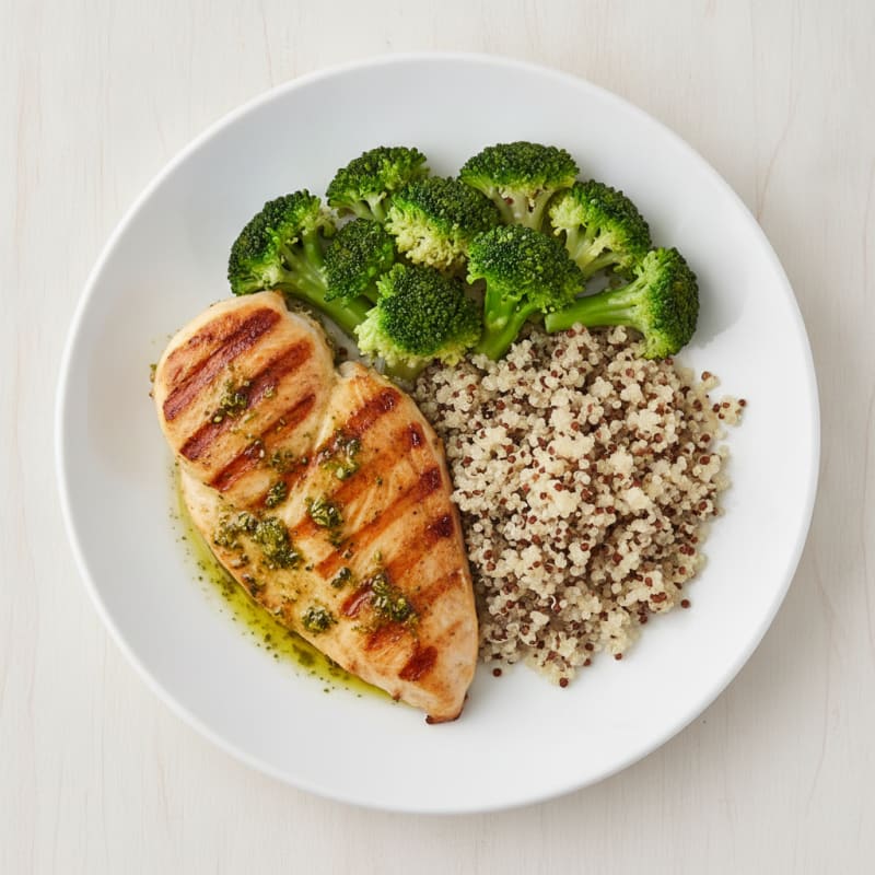 Grilled Lemon Garlic Chicken Breast with Quinoa and Steamed Broccoli