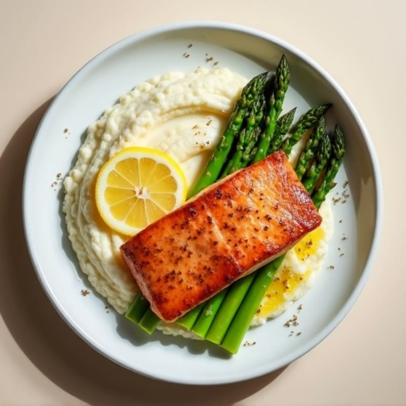 Seared Salmon with Steamed Asparagus and Cauliflower Mash