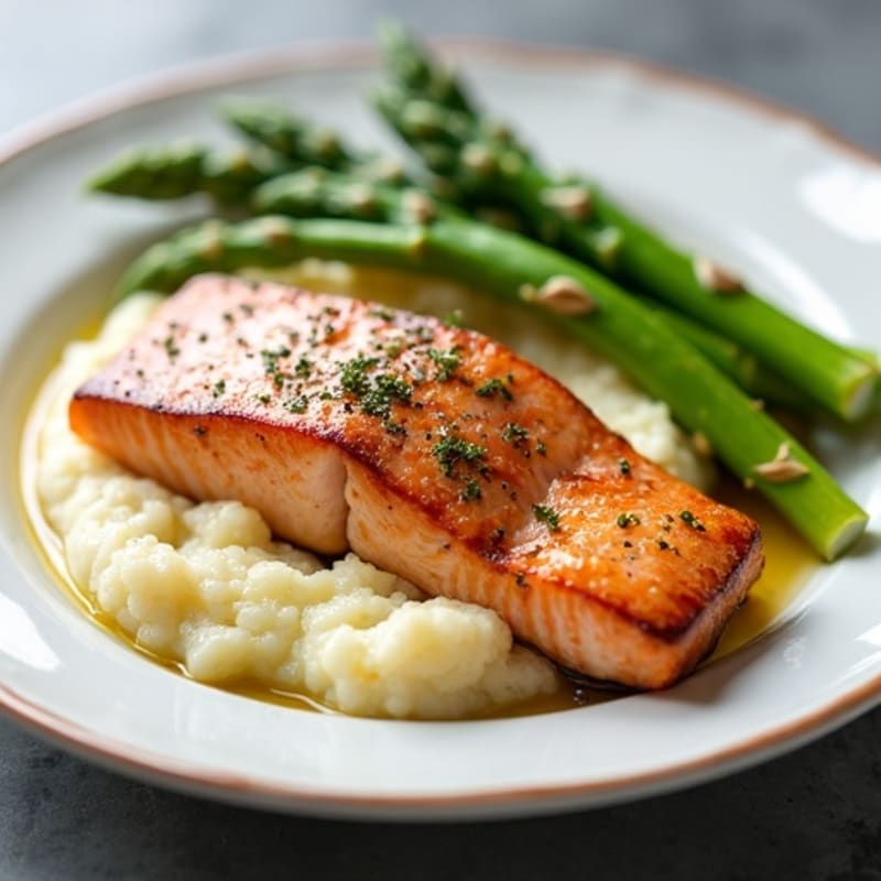 Seared Salmon Fillet with Steamed Asparagus and Cauliflower Mash