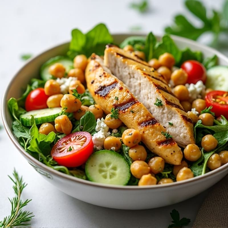 Grilled Lemon-Herb Chicken & Chickpea Salad Bowl with Fresh Greens and Feta