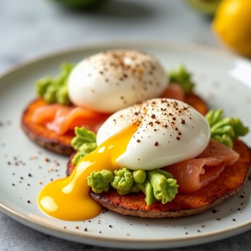 Poached Eggs with Smoked Salmon and Creamy Avocado on Crispy Sweet Potato Rounds