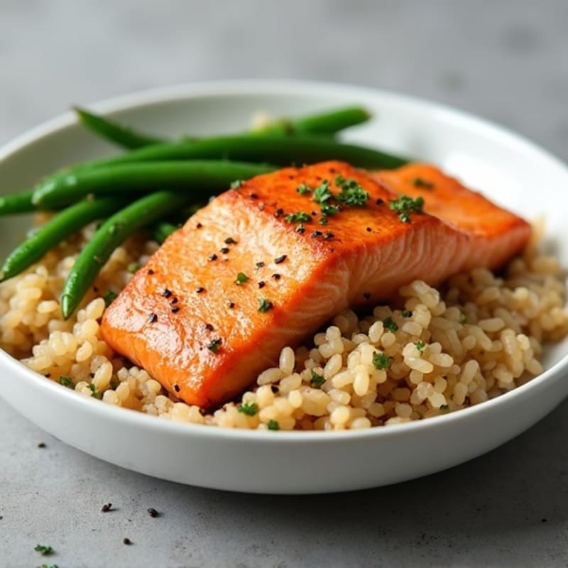 Seared Salmon with Garlic Green Beans and Brown Rice