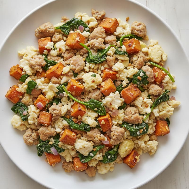 Egg White and Turkey Sausage Scramble with Spinach and Sweet Potato