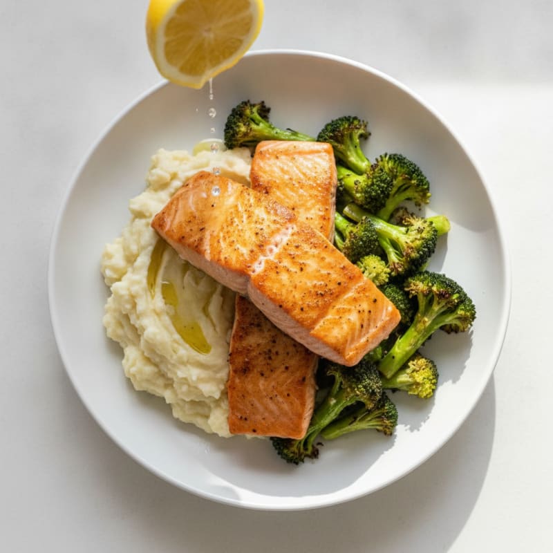 Seared Salmon with Roasted Broccoli and Garlic Mashed Cauliflower