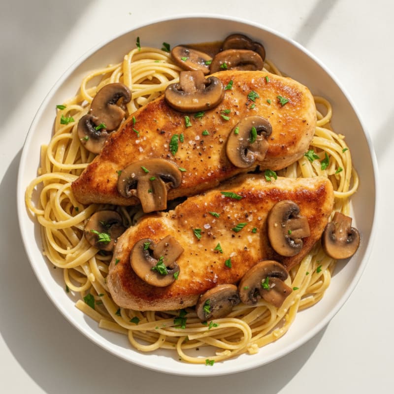 Mushroom Marsala Chicken with Garlic Linguine