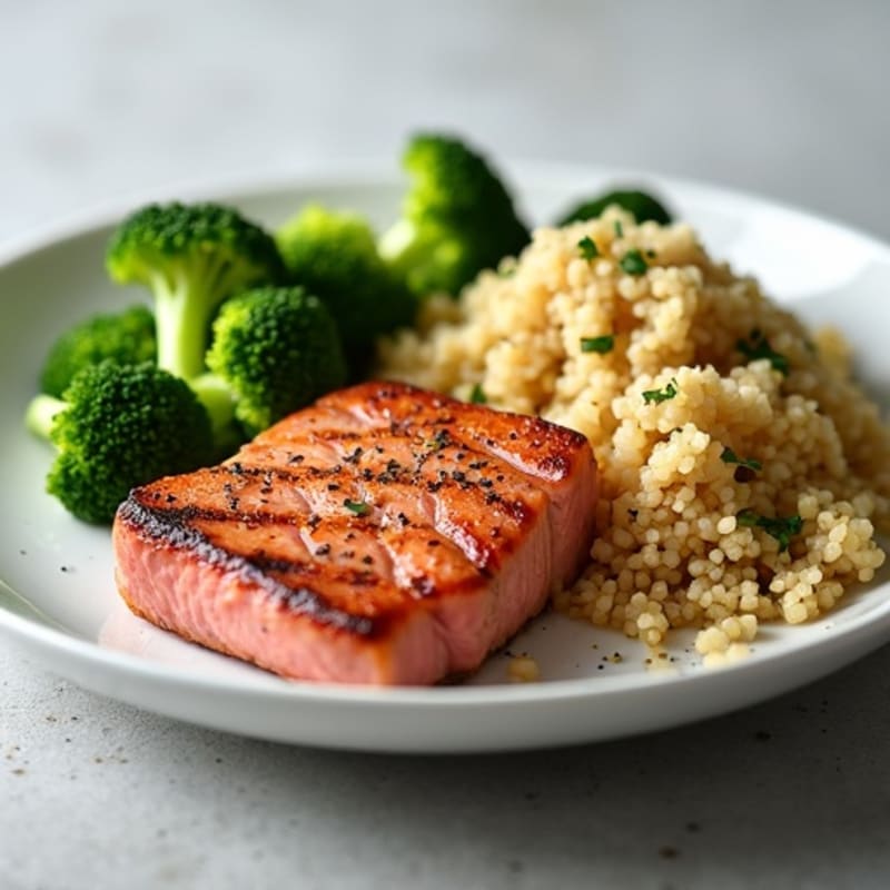 Seared Tuna Steak with Steamed Broccoli and Quinoa