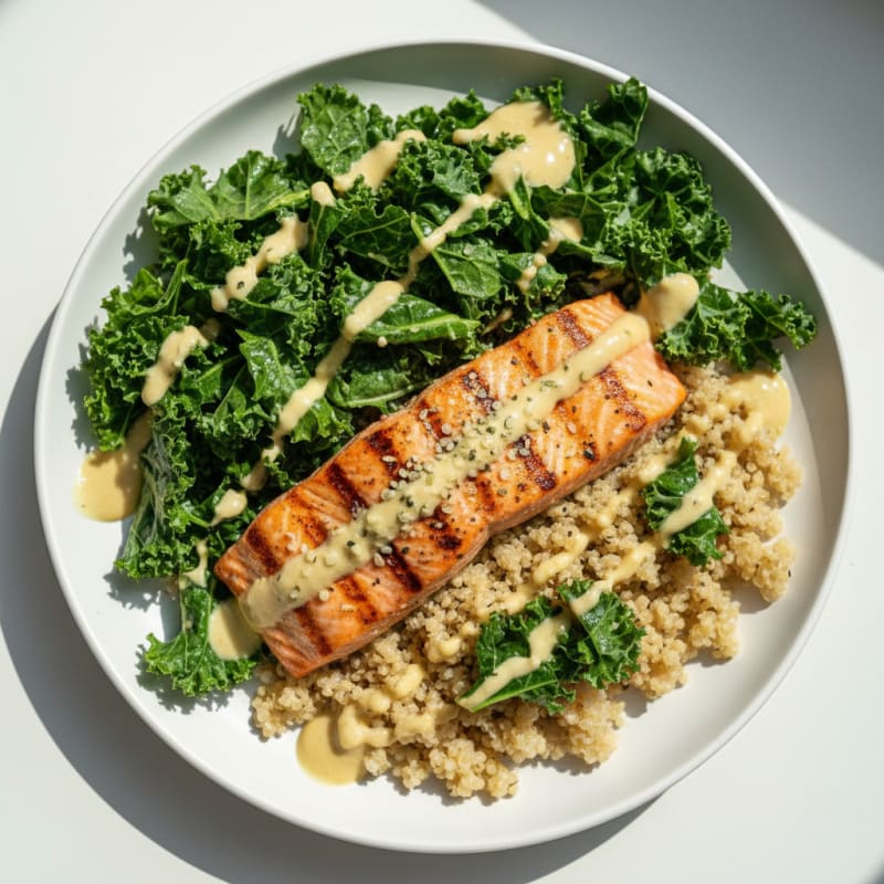 Grilled Salmon with Quinoa and Crunchy Kale Salad