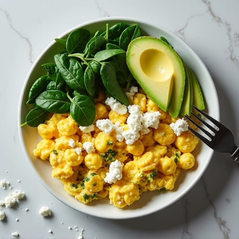 Fluffy Egg and Spinach Scramble with Avocado