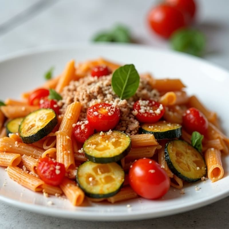 Lean Ground Turkey Pasta with Roasted Veggies and Zesty Tomato Sauce