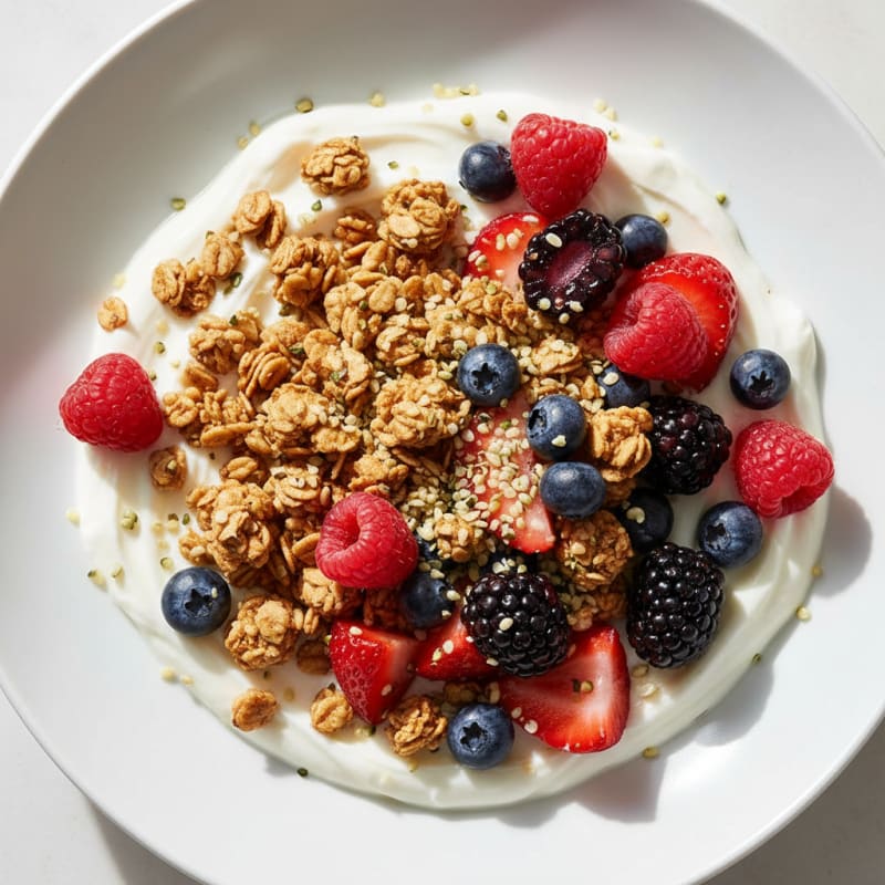 Silky Greek Yogurt Bowl with Protein Granola and Mixed Berries