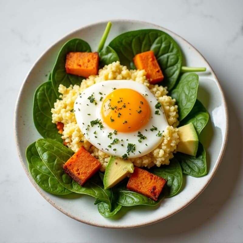 Cottage Cheese Egg Scramble with Spinach and Roasted Sweet Potato
