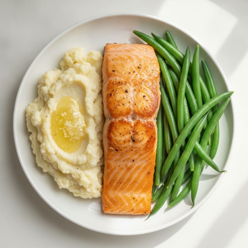 Seared Salmon Fillet with Steamed Green Beans and Garlic Mashed Cauliflower