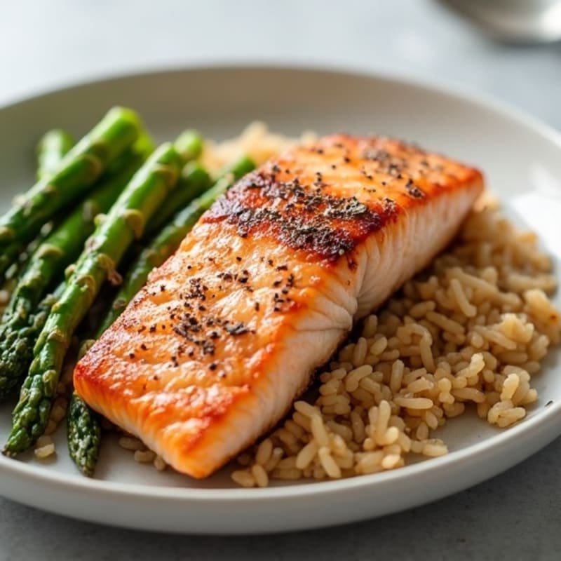 Seared Salmon Fillet with Steamed Asparagus and Brown Rice