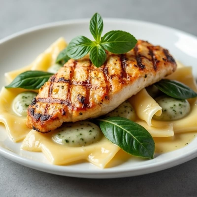 Creamy Spinach Ravioli with Garlic Sauce and Grilled Chicken