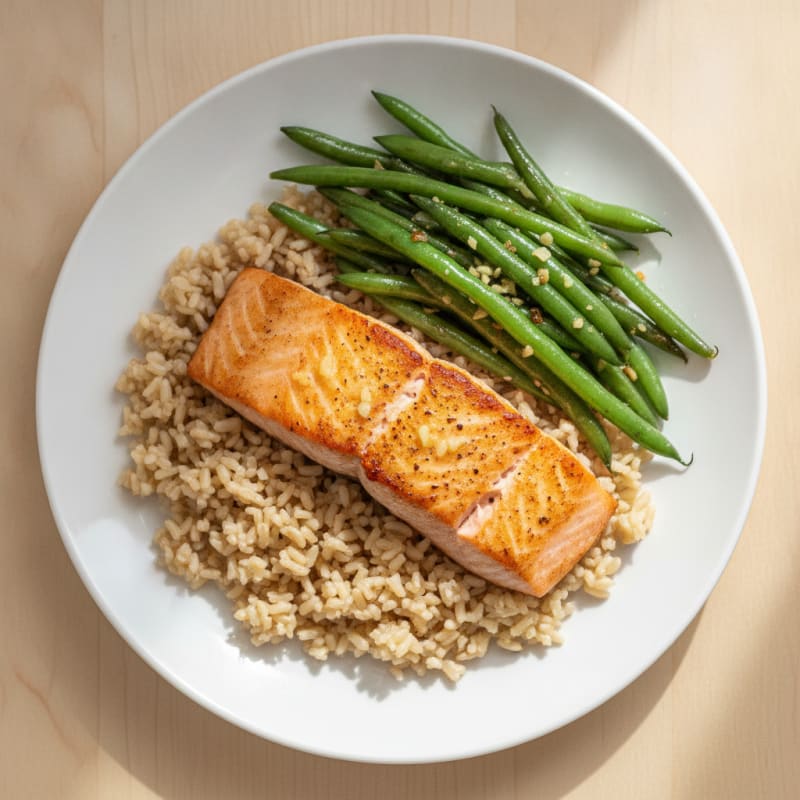 Seared Salmon with Garlic Green Beans and Brown Rice