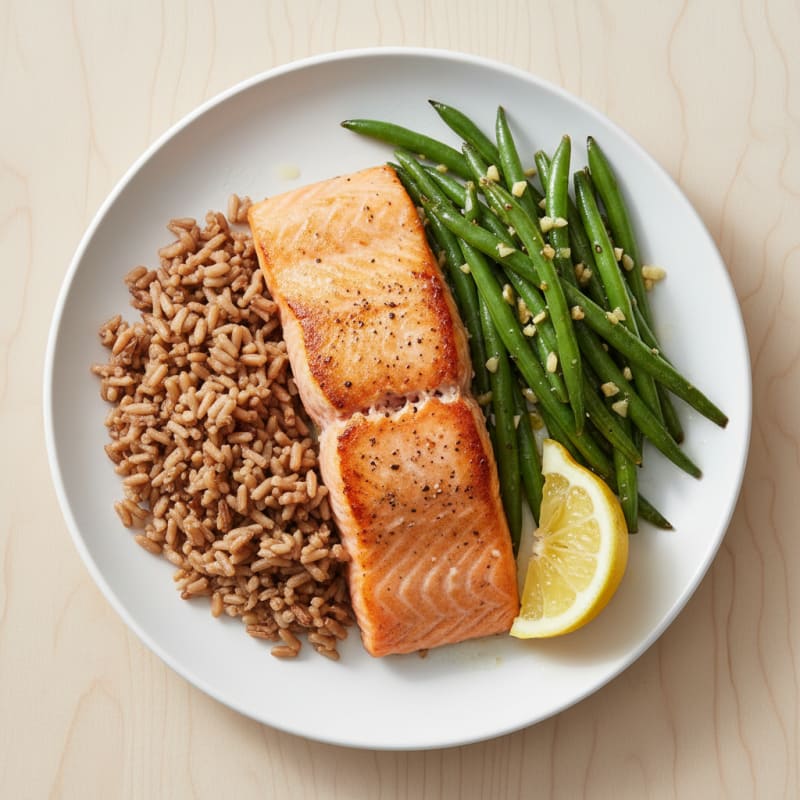 Seared Salmon Fillet with Garlic Green Beans and Brown Rice