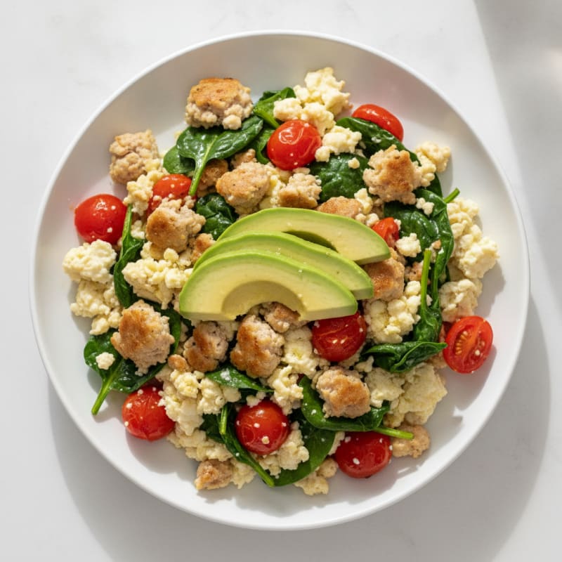 Egg White and Turkey Sausage Scramble with Spinach and Cherry Tomatoes