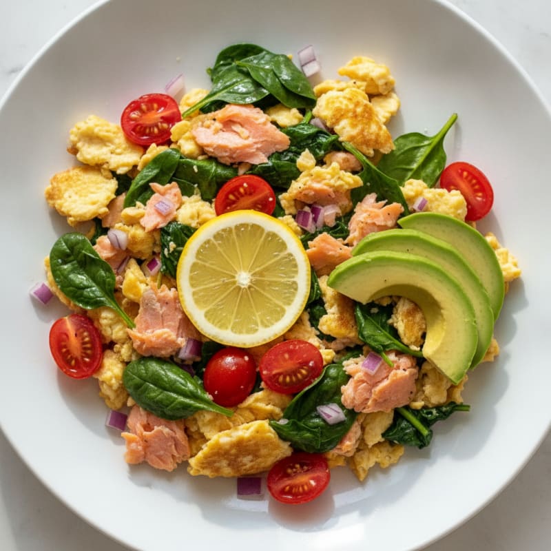 Smoked Salmon Scramble with Spinach and Cherry Tomatoes