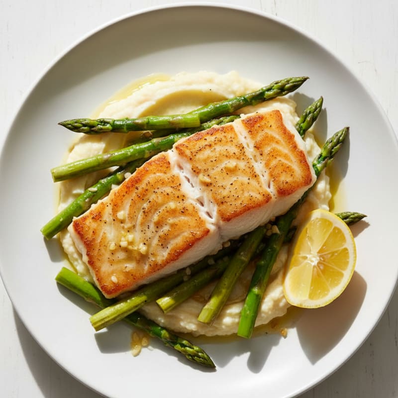 Seared White Fish with Lemon-Garlic Asparagus and Cauliflower Mash