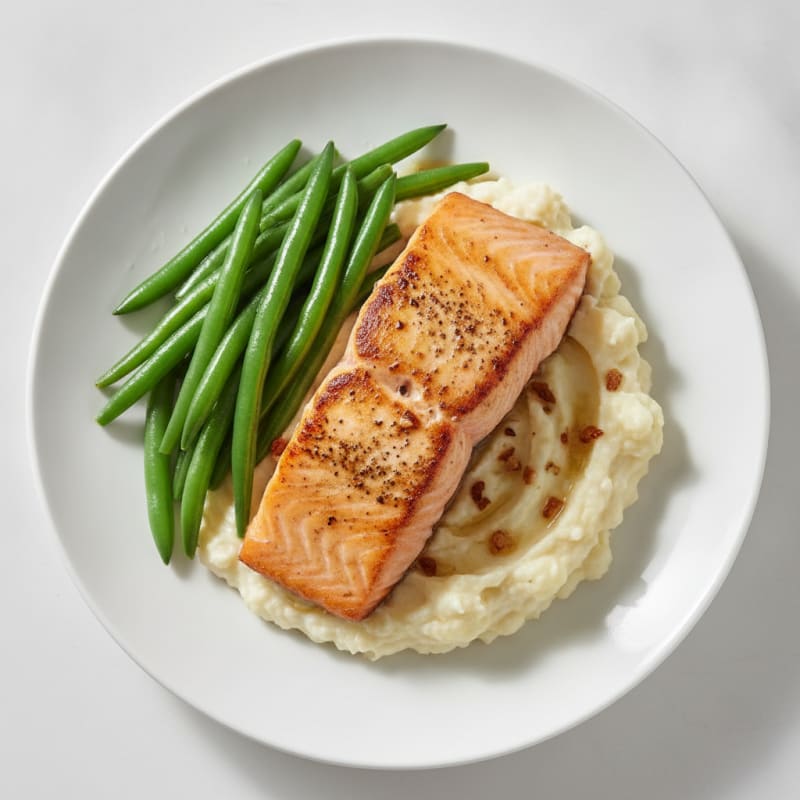 Seared Salmon with Steamed Green Beans and Garlic Mashed Cauliflower