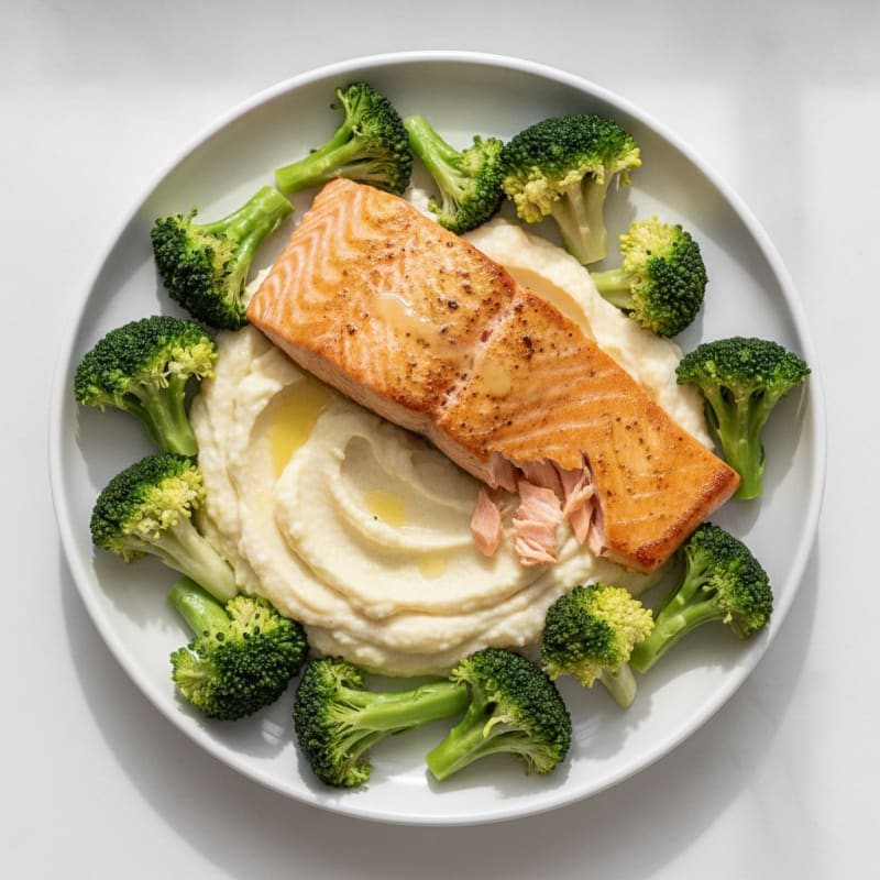 Seared Salmon Fillet with Steamed Broccoli and Garlic Cauliflower Mash