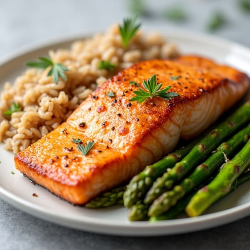 Crispy Baked Salmon with Roasted Asparagus and Fluffy Brown Rice