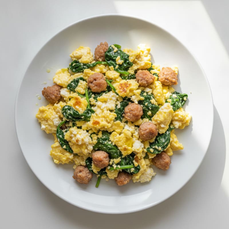 Cottage Cheese Scramble with Spinach and Turkey Sausage