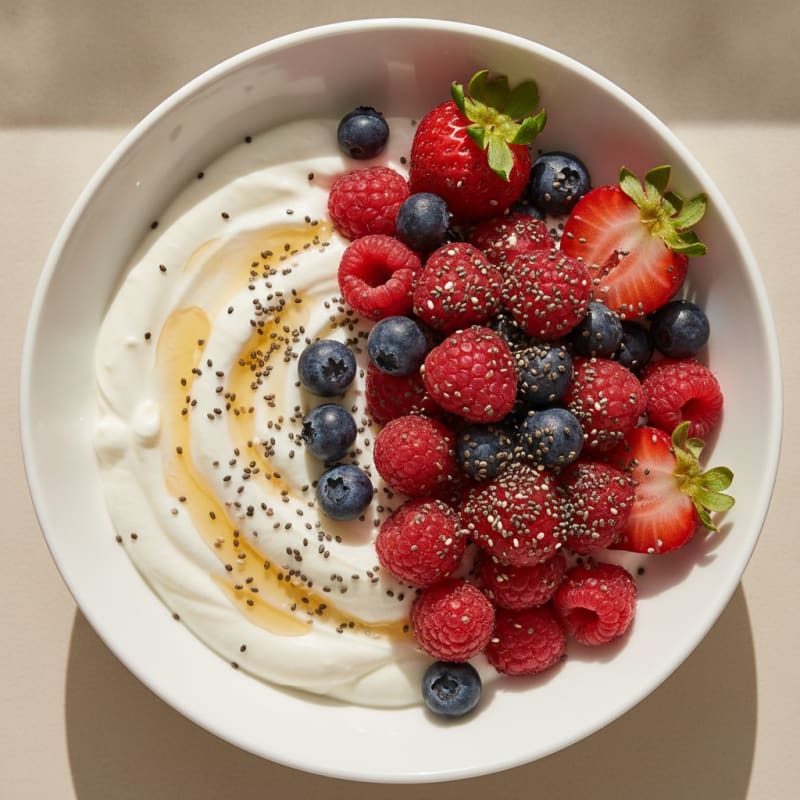 Greek Yogurt Protein Parfait with Mixed Berries and Chia Seeds