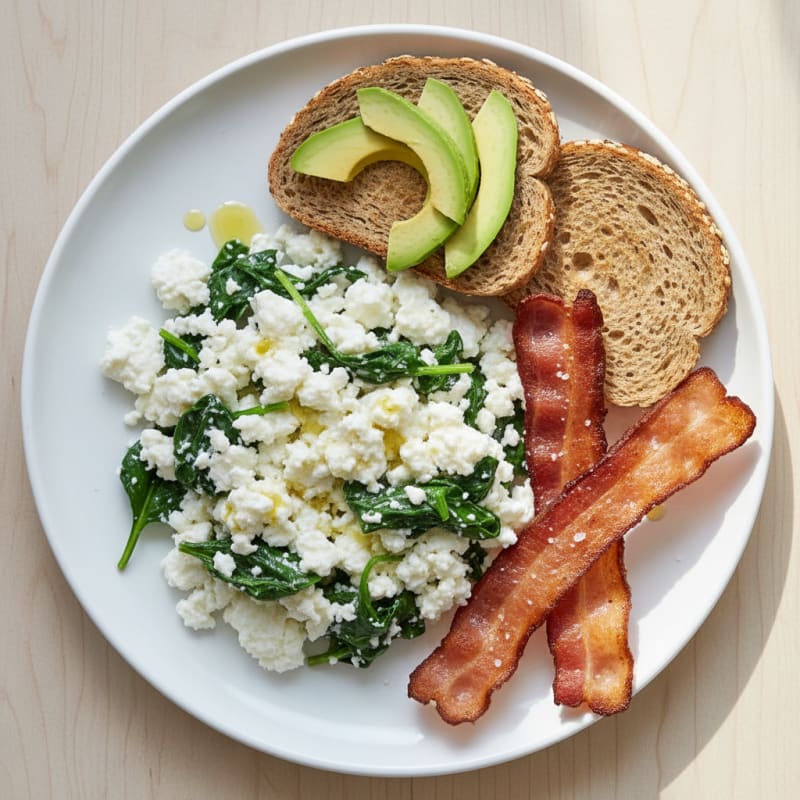 Egg White and Cottage Cheese Scramble with Spinach and Turkey Bacon